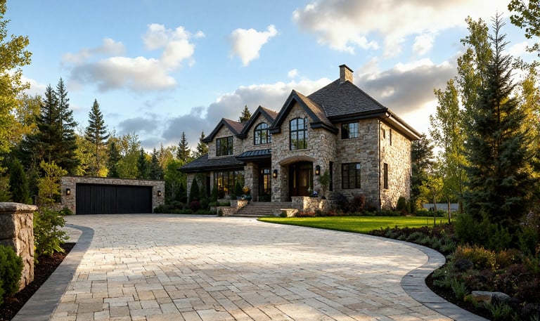 a long earth tone pavers driveway with a dark border