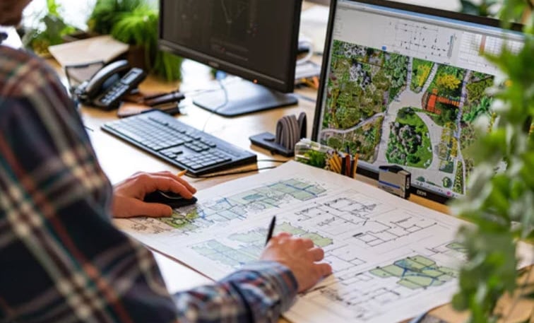 a man sitting at a desk with a computer creating a design