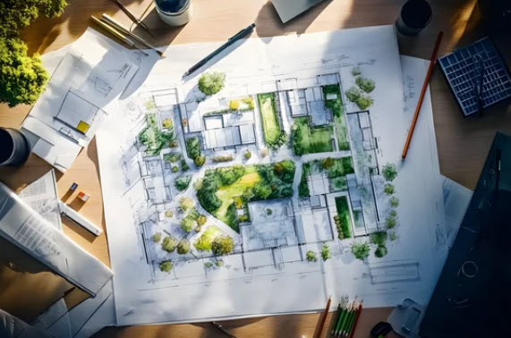 a landscape design master plan on a desk