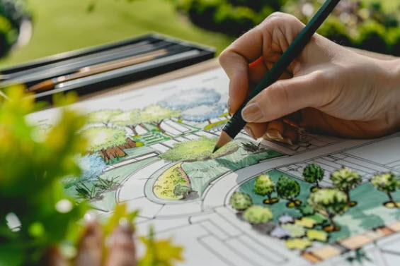 a person's hand holding a pencil and drawing a landscape plan a landscape