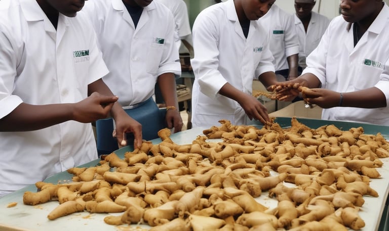 Nigerian farmers carefully harvesting sesame seeds in golden morning light.