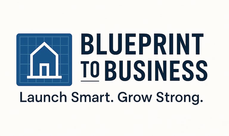 a blueprint business logo with a house in the background