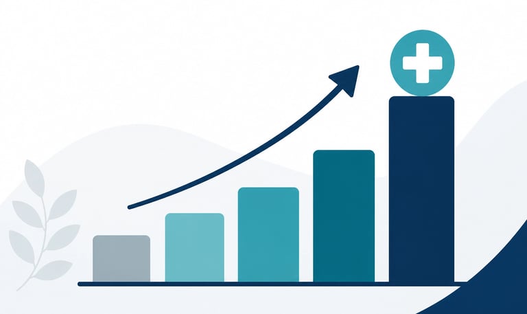 Flat-style vector bar chart with a medical cross showing rising valuation and business growth.