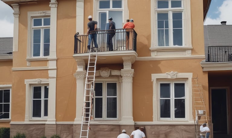 A team of painters working together on a large residential building.