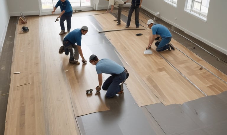 A wooden floor features a bold white design with the words 'Adventure Bound' around three circular illustrations. The illustrations depict a boot, a crossed paddle design, and a backpack. The floorboards are dark with a reddish-brown border, and a pair of shoes is visible at the bottom.