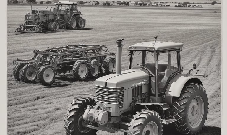 Aerial view of a large agricultural field with long rows of green crops and brown paths running parallel to each other. In the center of the image, a group of people is gathered around a truck loaded with harvested produce. The landscape extends into the distance with rolling hills under a hazy sky.