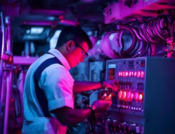 a man in a white shirt and suspender pants working on a machine