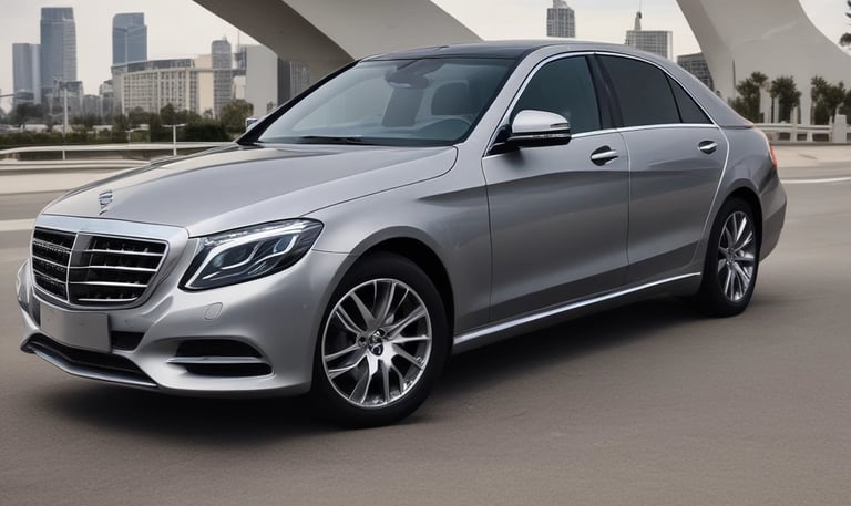A row of yellow rental bicycles is lined up neatly on a paved area in front of a modern building with large glass windows. Next to them are two electric scooters, one teal and one red, positioned upright. Large stone blocks are scattered nearby, and the building windows reflect parts of the surrounding urban environment.