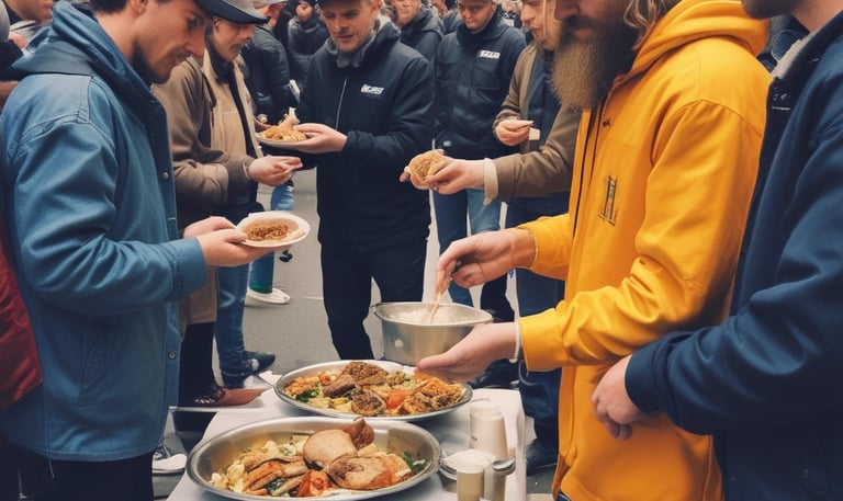 A group of people, including several wearing religious habits, walk down a street lined with buildings and trees. The scene suggests a communal or procession-like activity in an urban setting.
