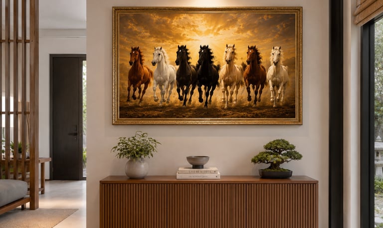 7 chevaux au galop, symbole de succès, paix et progrès