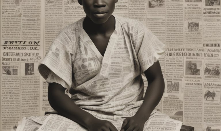 A newspaper with bold headlines and colorful images is placed on a light-colored marble floor. The newspaper features advertisements and various news stories. Adjacent to it is a magazine with an advertisement displayed, partially covered by the newspaper. The surrounding area appears to be part of an architecture with tiles and a darker shadowy corner.