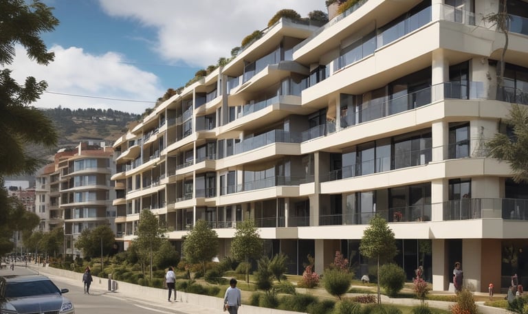 A suburban house with a brick facade and double garage doors. The roof is dark, and there are several bare trees and green bushes surrounding the property. A for sale sign is visible on the front lawn.