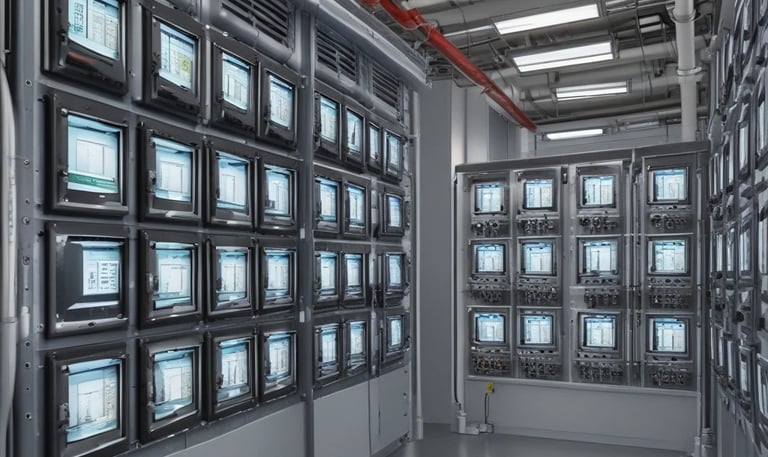 A complex manifold system with multiple white pipes connected in parallel to a row of valves. Several gauges are visible, as well as an assortment of knobs and control switches. The setup appears part of a heating or plumbing system, with wiring and connectors visible. The background shows a partially unfinished wall, suggesting an installation in progress or maintenance area.