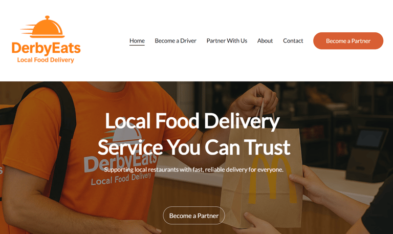 Home page of DerbyEats, a Kentucky-based food delivery business.