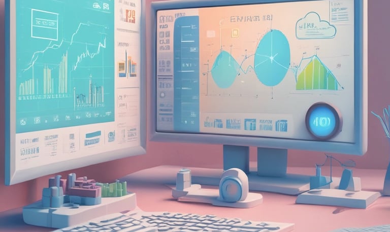 An abstract, pastel-colored, 3D-rendered representation of data analysis and search engine optimization (SEO). The image features a computer interface with various analytics symbols, including a magnifying glass, bar charts, pie charts, and a search bar with the text 'SEO'. Surrounding the interface are different objects such as a potted plant, a cup with a saucer, and a megaphone, all placed on a light green background.