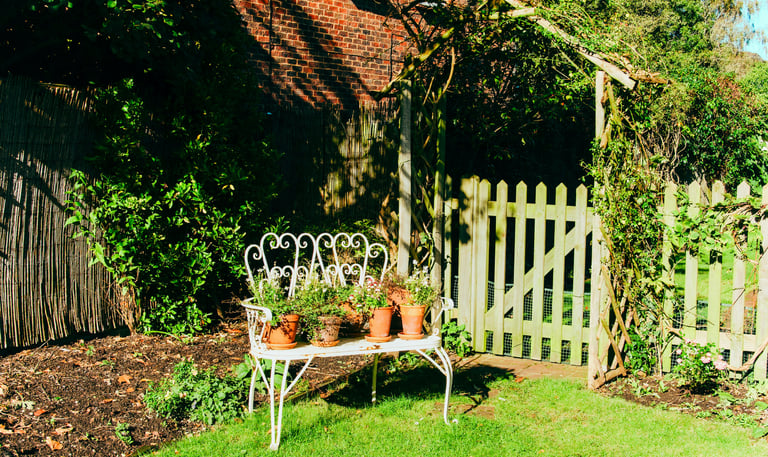 Idyllic garden scenery with flowers and a bench