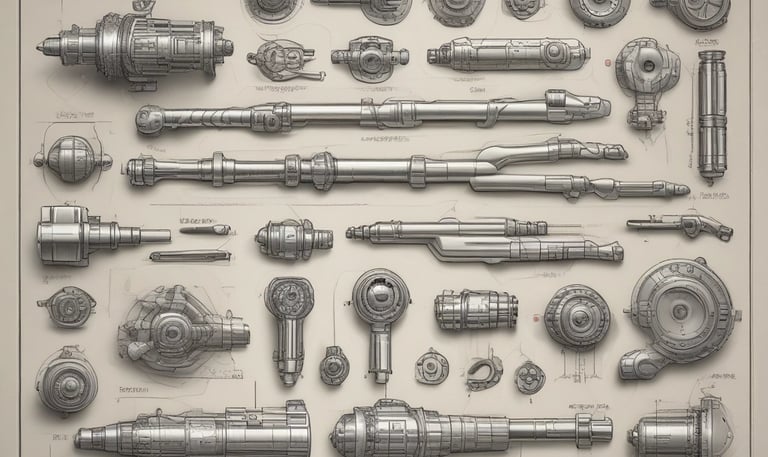 An exhibit featuring an array of ancient tools displayed against a light yellow background. The tools vary in shape and size, arranged in a symmetrical pattern, and appear to be made of dark metal. Each tool is individually mounted, and small numbered labels are placed above them.