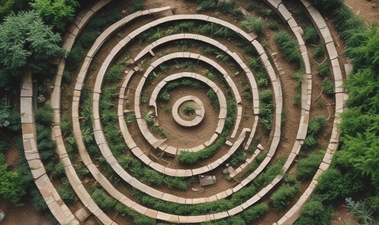 A serene landscape with a winding path leading through lush greenery.
