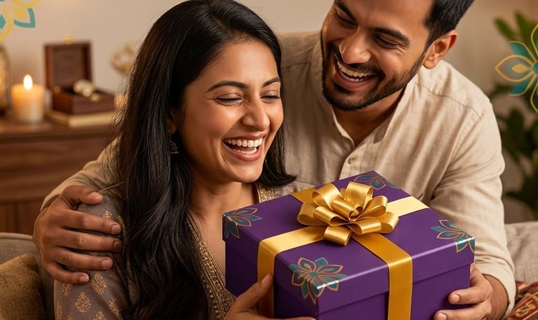 A happy Indian couple celebrating Diwali with a purple and gold gift box.