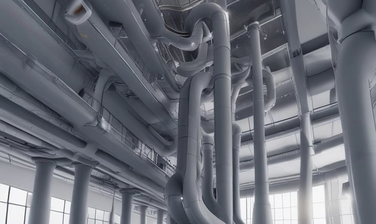 A fire safety setup featuring a red fire hose reel mounted on a wall alongside a rectangular red metal cabinet containing a fire hose and nozzle. Pipes and a valve are visible, highlighting the system's functionality.