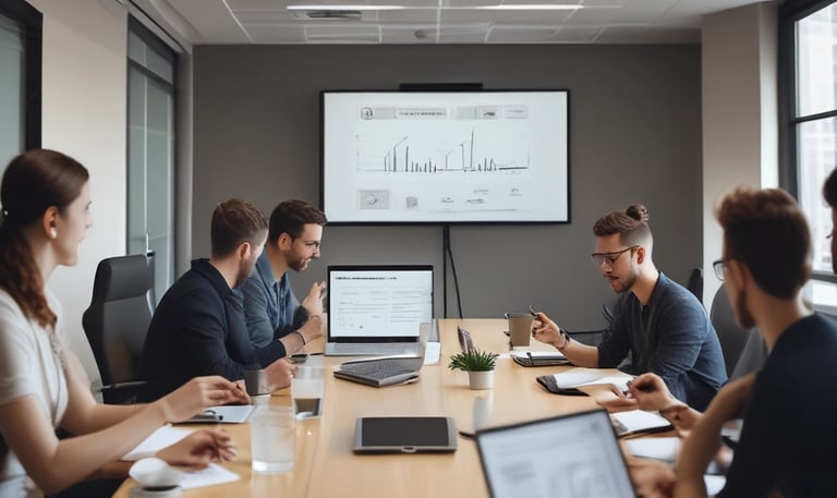 A room with several people seated in folding chairs, attentively facing a presentation area. The environment is professional, likely a seminar or workshop, with 'Product School' illuminated on a wall. Some attendees are taking notes, and a few people are standing, possibly facilitating the event.