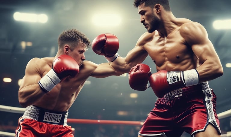 Two boxers are engaged in a match inside a boxing ring. Both are wearing protective headgear and boxing gloves, one with red gloves and headgear, the other with blue. The boxer in red is delivering a punch, while the boxer in blue is on the defensive. The background is dimly lit, giving focus to the competitors.