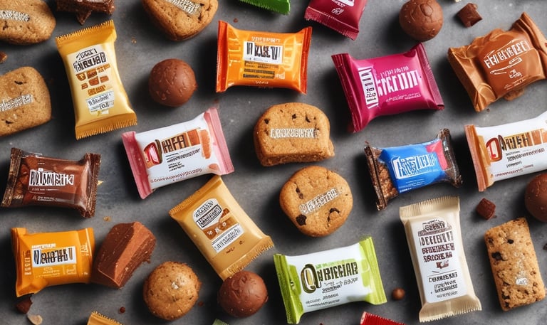 A variety of snacks are displayed in large transparent containers stacked on metal shelves. The containers hold different types of cookies, biscuits, and other snack items, each labeled with a colorful tag. The background includes additional stacked containers and a wall clock, suggesting an organized retail space.