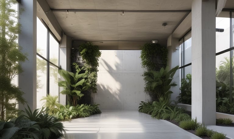 A close-up view of an industrial building facade with vertical ribbed concrete panels and patches of greenery. The plants are protruding from a crevice in the building, adding a touch of nature to the urban setting.