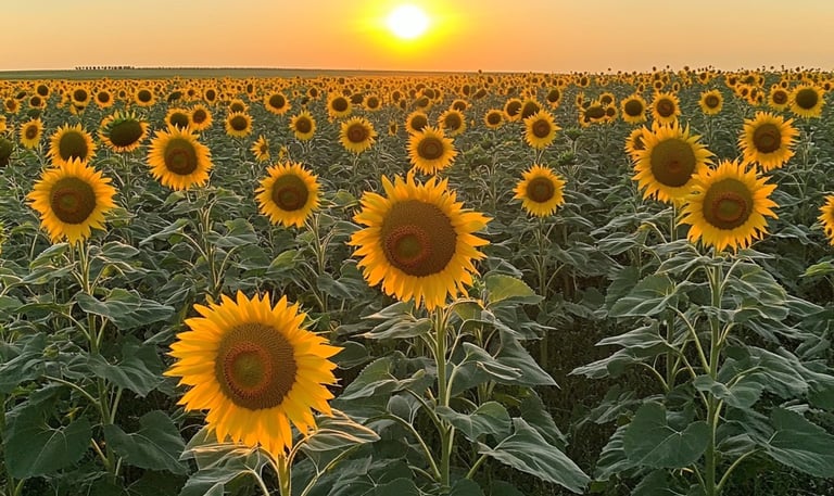 Field of sunflowers at sunset