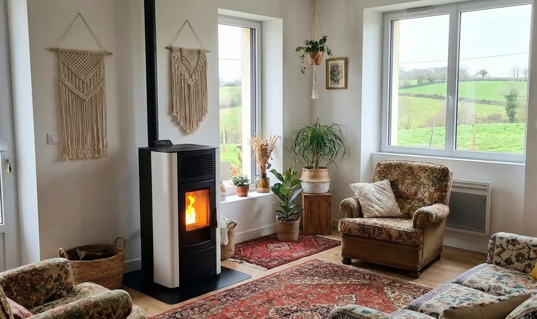 Poêle à granulés entretenu par Ramonage Direct dans un salon en Loire-Atlantique
