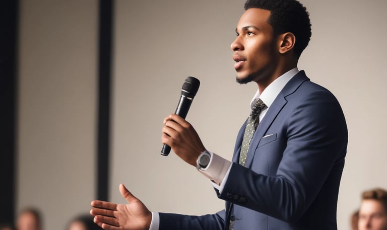 A man in a suit and tie is speaking into a microphone