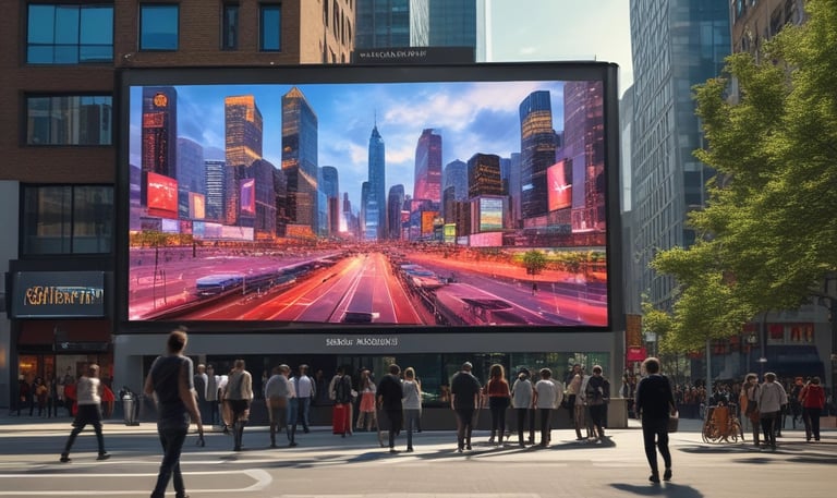 Outdoor LED billboard showcasing a bright advertisement on a busy city street at dusk.