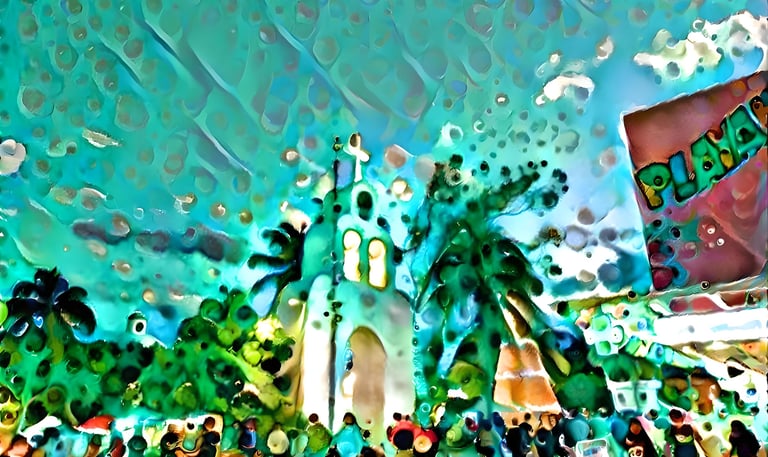 a stylized image of a church and main square in Playa del Carmen, Mexico
