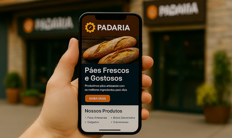 Landing page exibida em celular, com empresa cliente ao fundo, criada pela Élan Digital