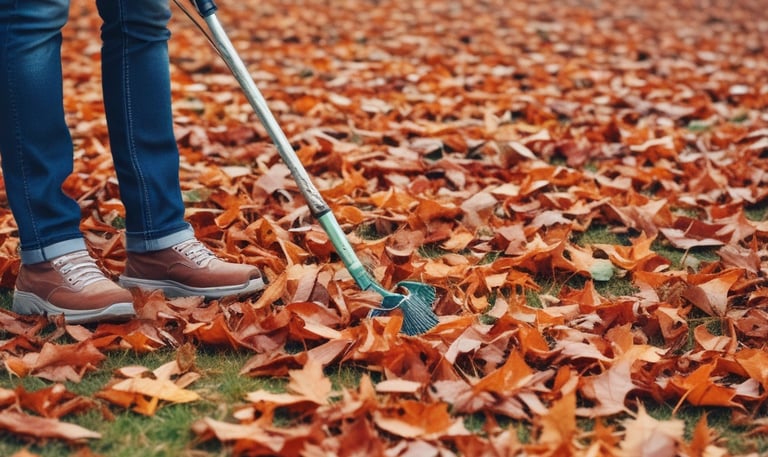 A group of students using leaf blowers in a yard.