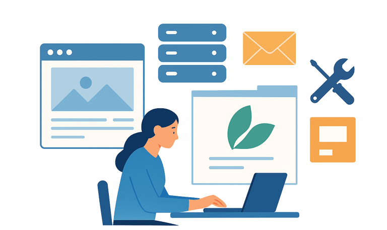 Tudo em um só lugar, sites, hospedagem, e-mails, logotipos e suporte pessoal