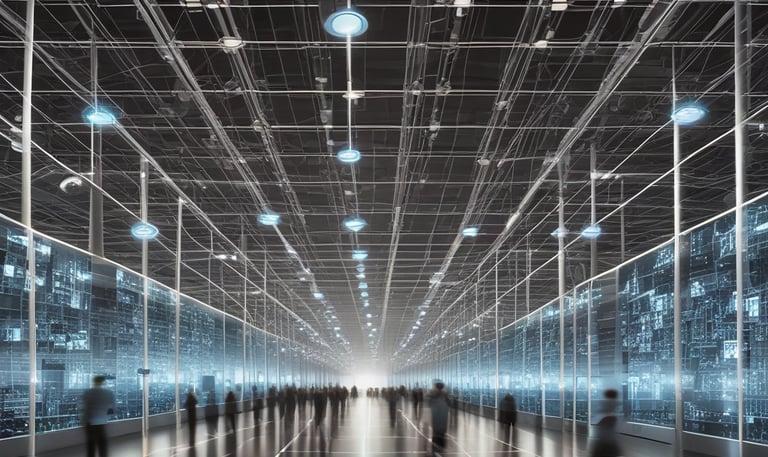 A dimly lit workspace featuring a desktop monitor displaying a website development page and a laptop showing a digital growth insights page. The setup includes a keyboard, mouse, two cups, a pen holder, and a clock displaying '02 36'. The atmosphere suggests a cozy, focused work environment.