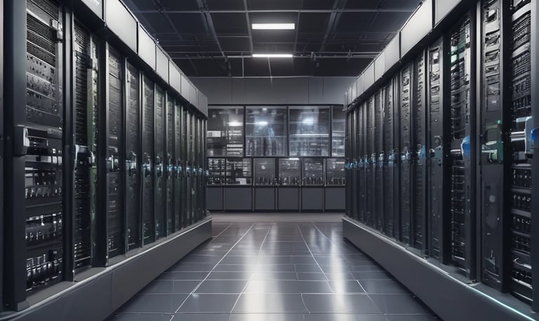 A digital illustration of a network diagram featuring interconnected servers, laptops, and nodes. The nodes are organized in a grid form and connected by glowing lines, centered around a power symbol. Various symbols are present on the servers.