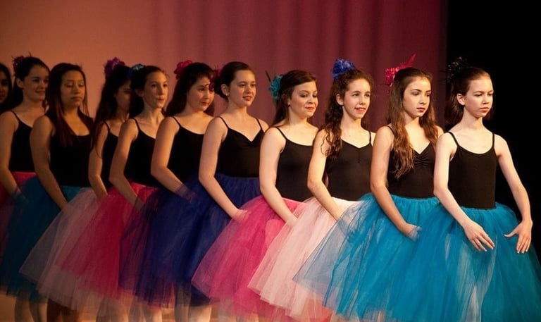 a group of young girls in colorful tulle skirts and tututututu