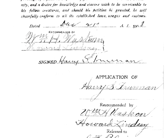Harry S. Truman's original Lodge application