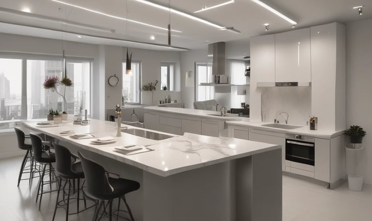 una cocina con una gran isla