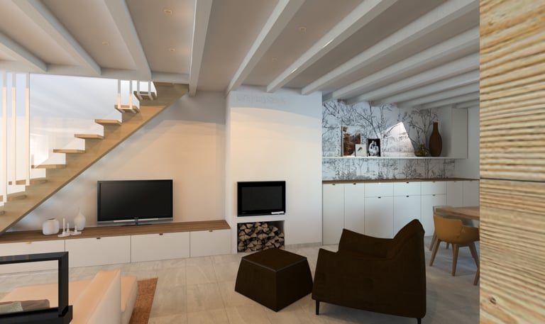 rangement sur mesure, cheminée et poutres