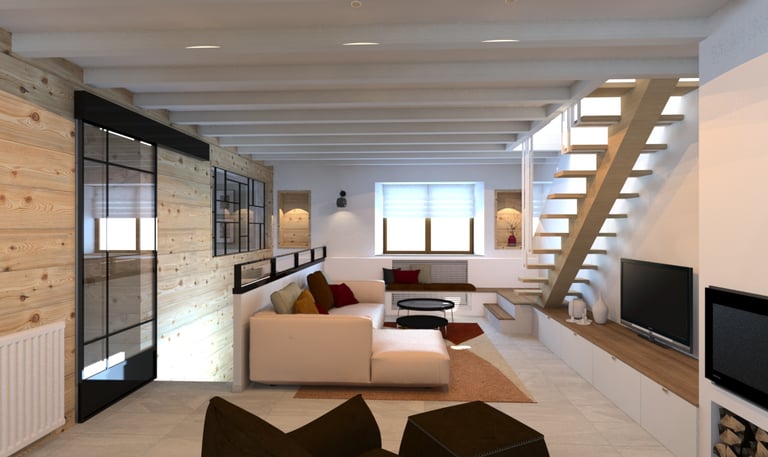 salon avec escalier sur mesure et banquette