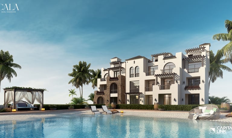 a large pool with a gazeboar and palm trees at cala sahl hasheesh