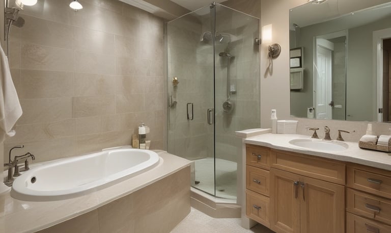 A beautifully renovated bathroom showcasing plumbing work.