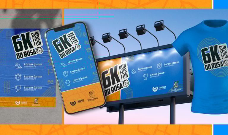 Materiais visuais do evento 6K Run For Fun com aplicação em camiseta, outdoor e celular