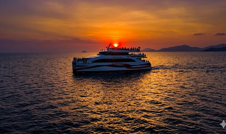 Lomprayah high-speed ferry carrying passengers across the ocean during a vibrant orange sunset in Thailand.