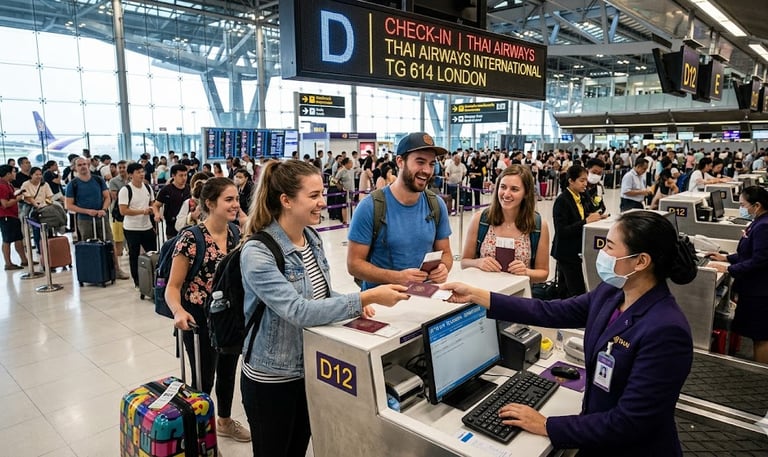 Smiling travelers at a Thai Airways check-in counter at Suvarnabhumi Airport for a flight to London.