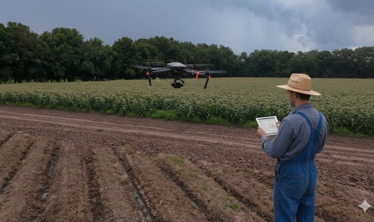 Productor manejando un dron con una tablet