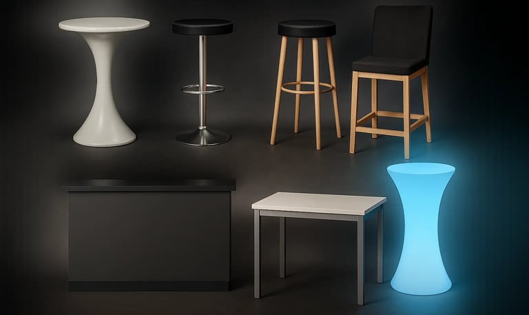 bar counter for rent, led cocktail tables rent dubai, bar stools for rent